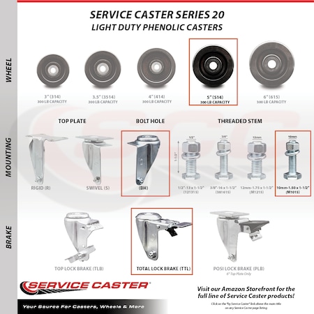 Service Caster 5 Inch Phenolic Swivel 10mm Threaded Stem Caster Total Lock Brake SCC, 2PK SCC-TSTTL20S514-PHS-M1015-2-S-2